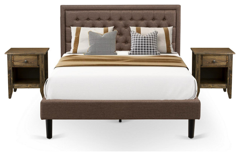 3Pc Bed Set, 1 Queen Size Bed Frame Brown, Headboard, 2 Nightstand, Black Legs