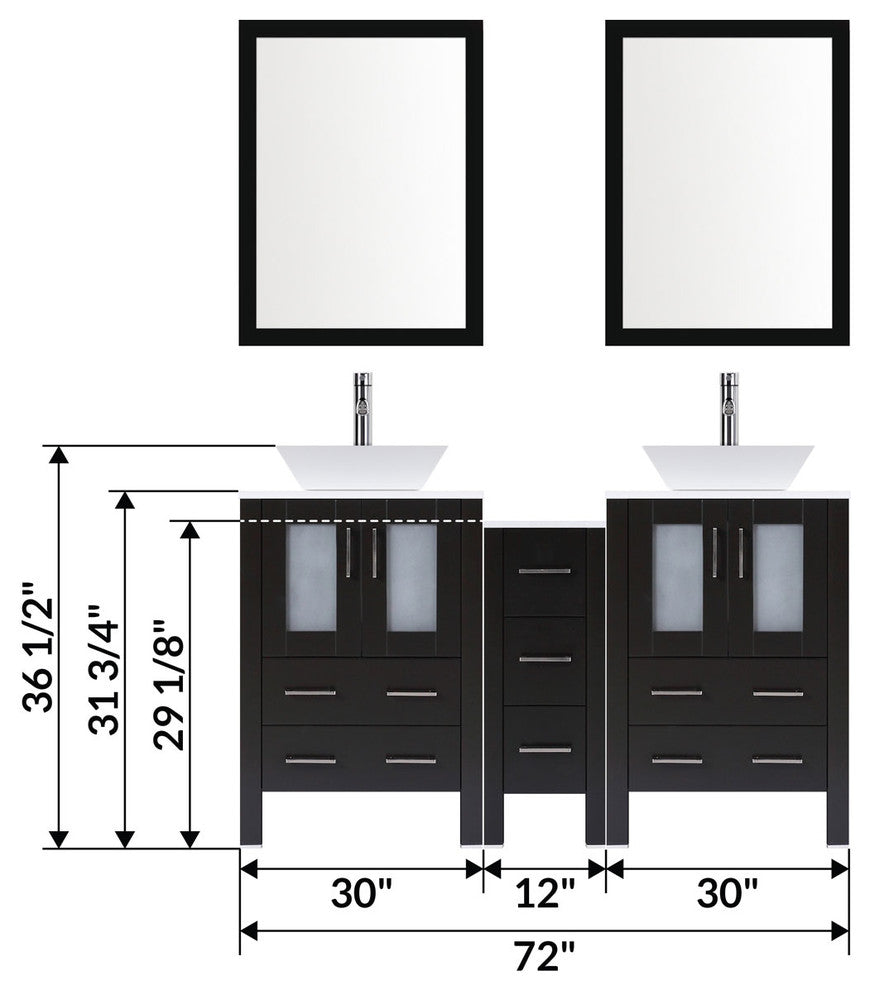 Modern Bathroom Vanity Set With Mirror and Sink, Espresso, 72"