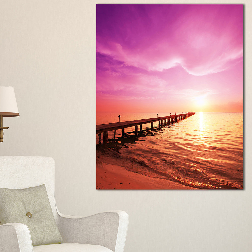 "Brown Sea And Pier Under Magenta Sky" Large Sea Bridge Canvas Print, 30"x40"