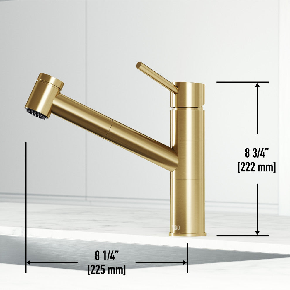 VIGO Branson 9" H Single Handle Pull-Out Sprayer Kitchen Faucet, Matte Brushed Gold, Without Extras