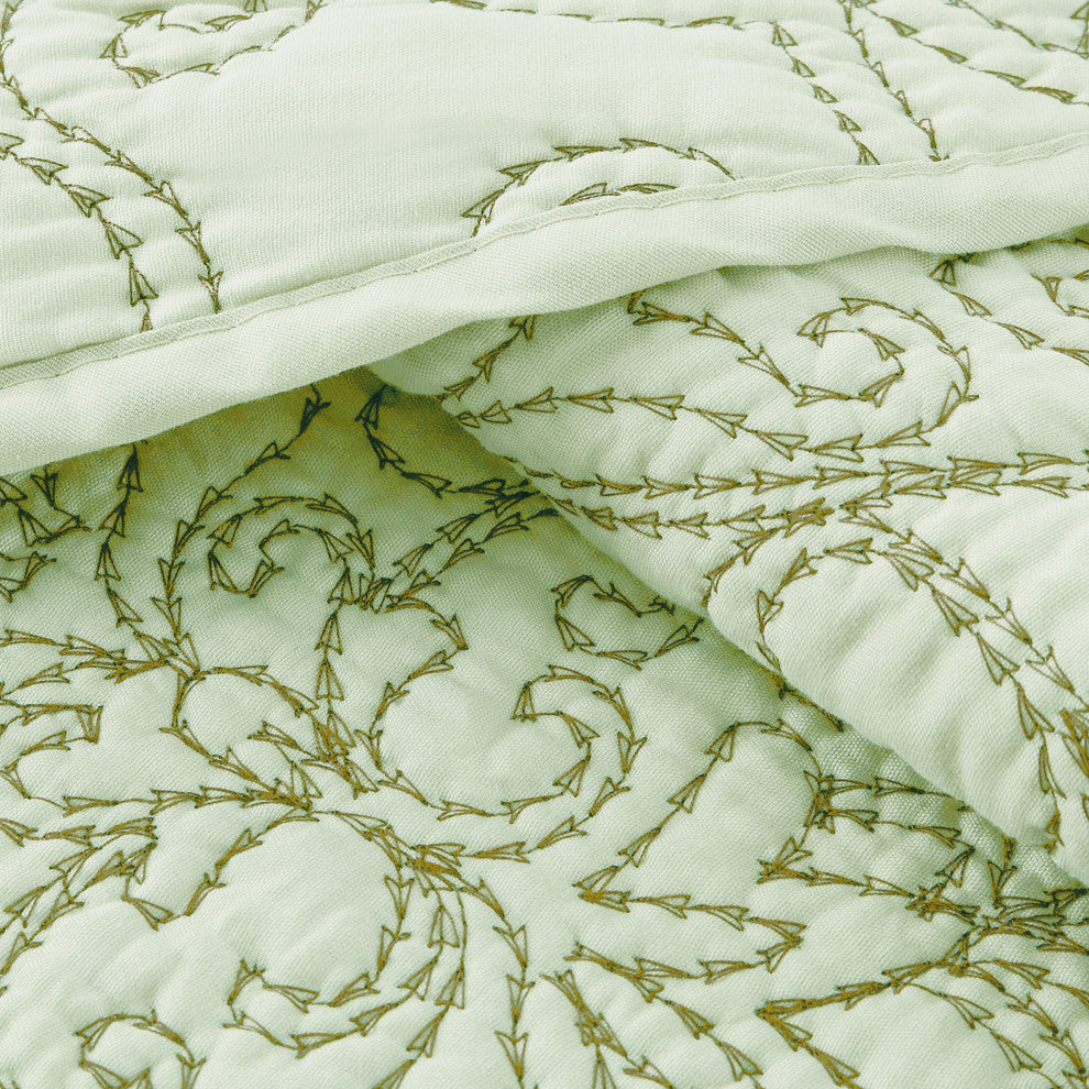 Damask Embroidered Quilted 4 Piece Bed Spread Sets, Light Green, Queen