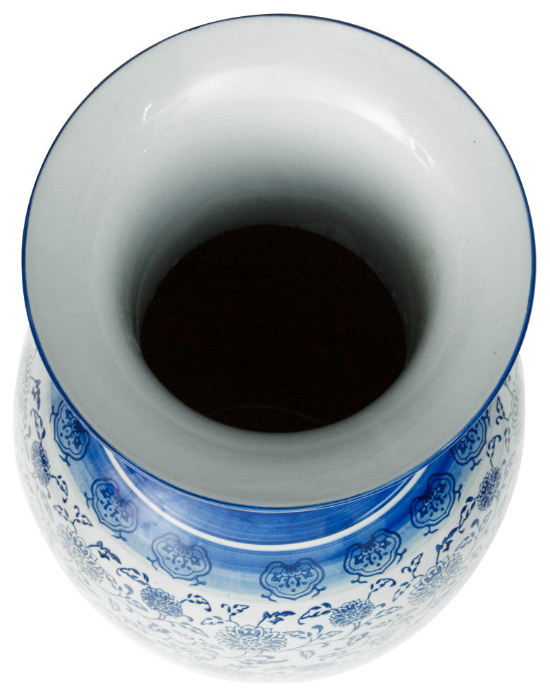 36" Floral Blue and White Porcelain Tung Chi Vase