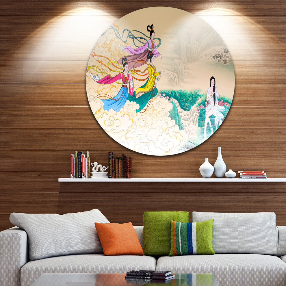 Classical Chinese Painting, Abstract Large Disc Metal Wall Art, 36"