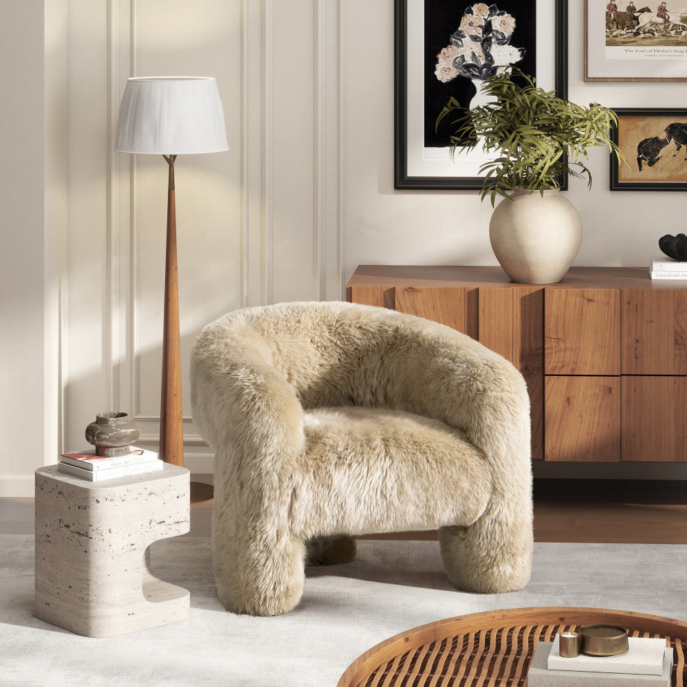 Avalon 35" Genuine Sheepskin Fur Split Barrel Back Accent Chair, Natural Blonde