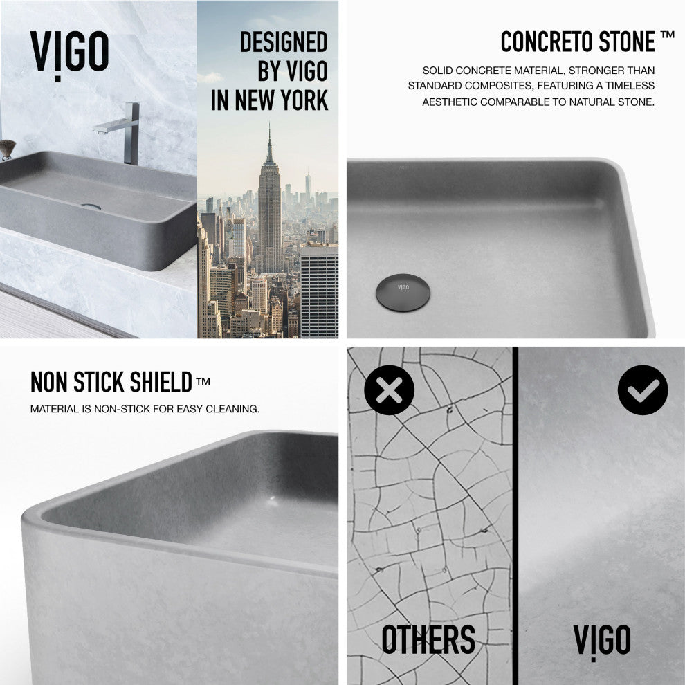 VIGO Basilica 23"L x 14"W x 4"H Concreto Stone Rectangular Bathroom Vessel Sink