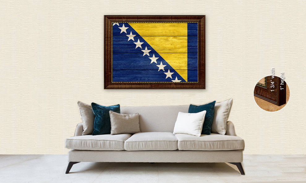 Bosnia Country Textured Flag Print With Brown Gold Frame, 19"X27"