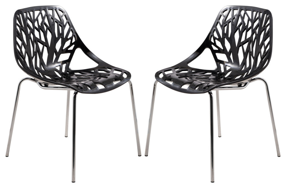 Leisuremod Asbury Plastic Stackable Dining Chair With Chromed Legs, Set of 2, Black