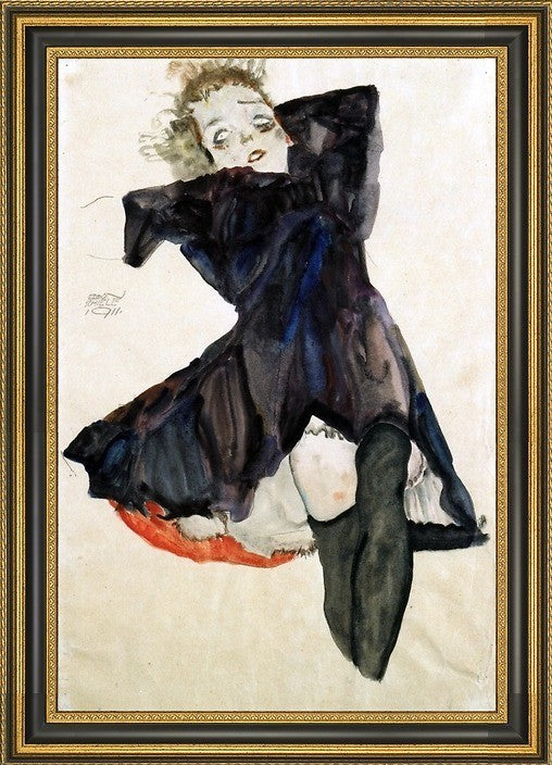Egon Schiele Girl in Blue Dress - 16" x 24" Framed Premium Canvas Print