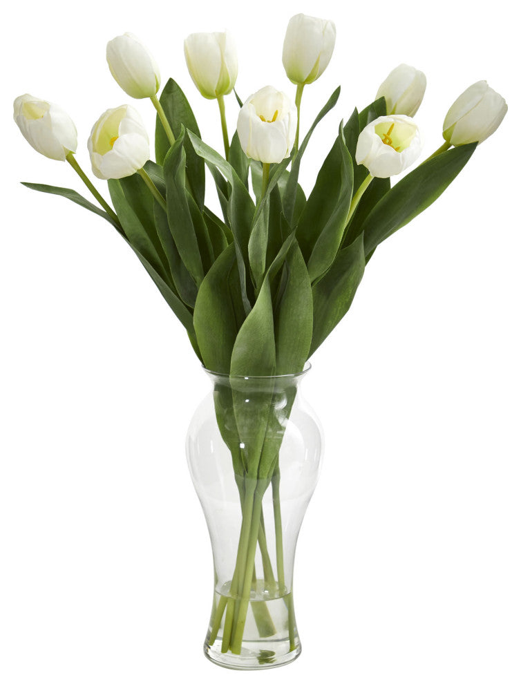 Tulips Artificial Arrangement, Vase, White
