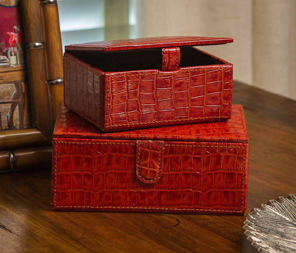Burnt Croc Leather Boxes, Orange, Set of 2