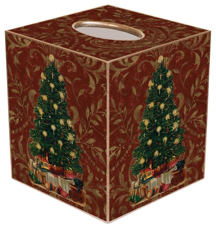 TB389- Christmas Tree on Red Damask Tissue Box Cover