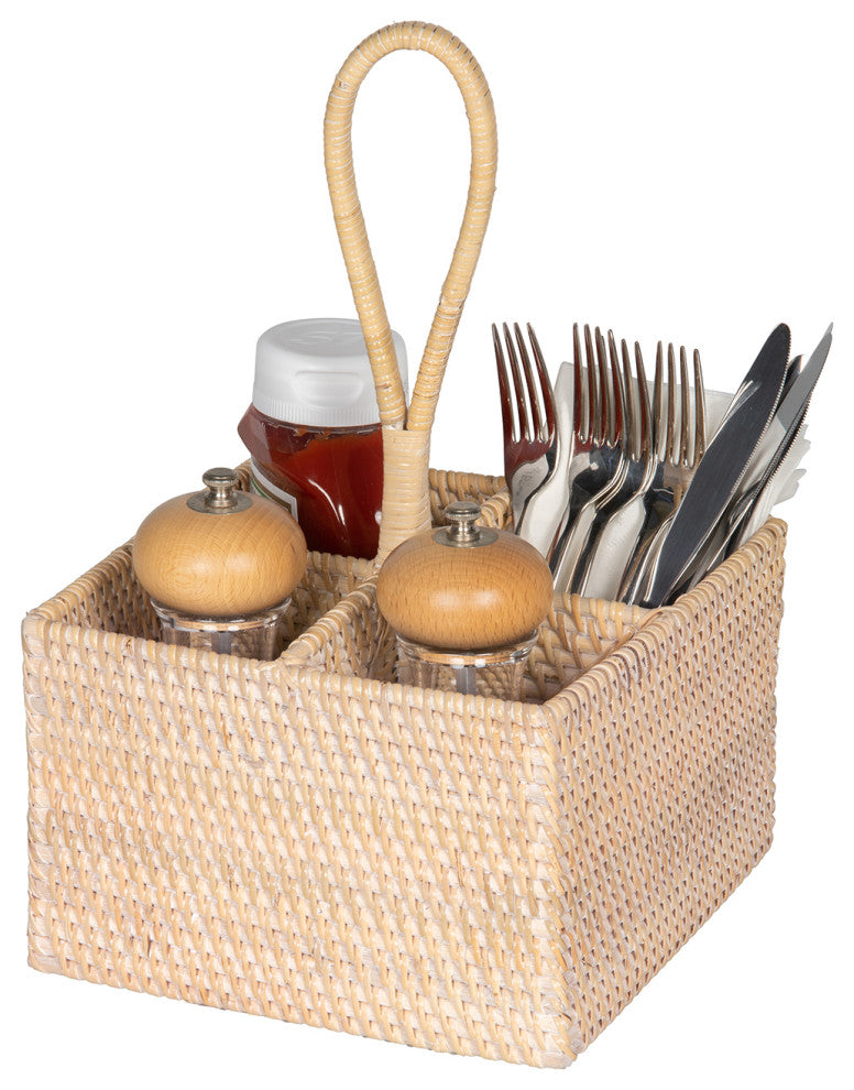 Loma Rattan Bottle and Silverware Caddy, White-Wash