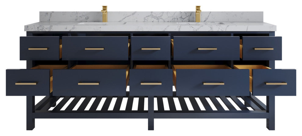 Parker 84" Double Sink Bath Vanity, Navy Blue 2" Venatino Quartz