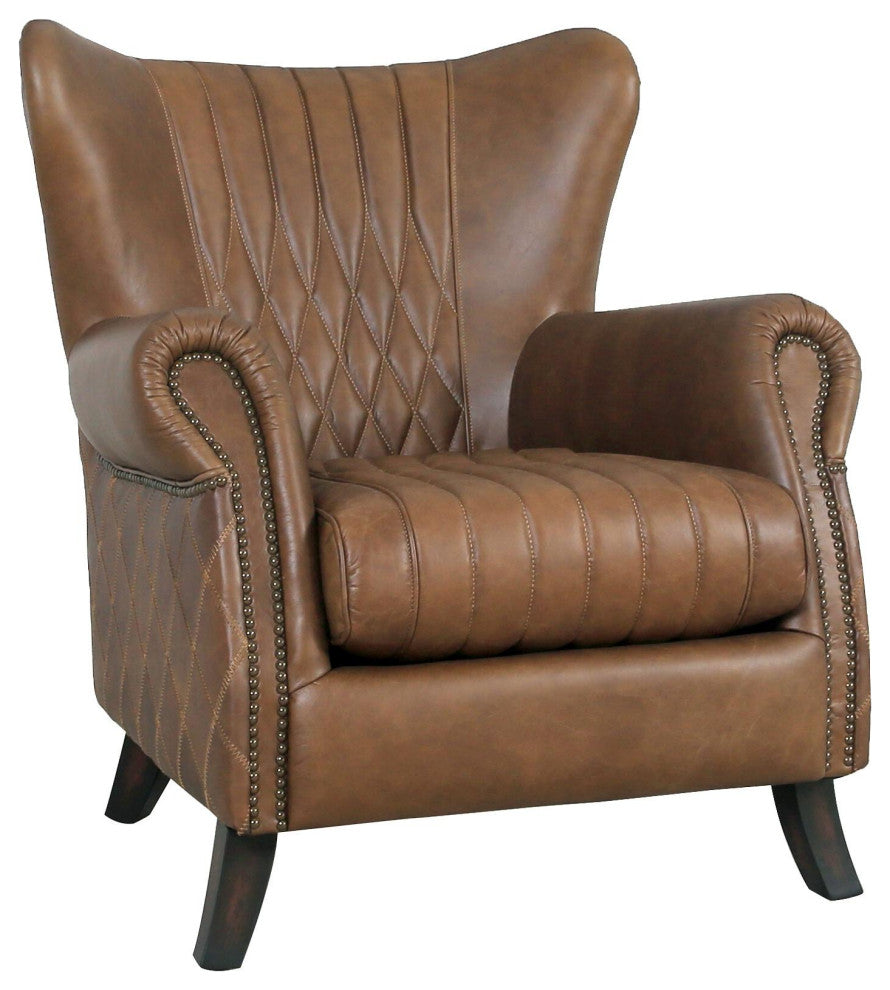Pasargad Home Harrison Top Grain Leather Upholstered Wing Chair, Brown