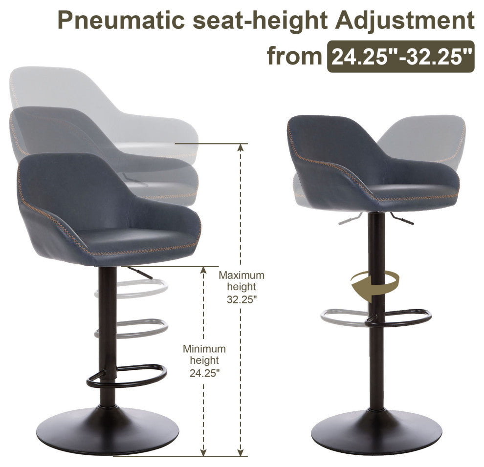 Vintage Navy Blue Leatherette Gaslift Adjustable Swivel Bar Stool, Set of 2