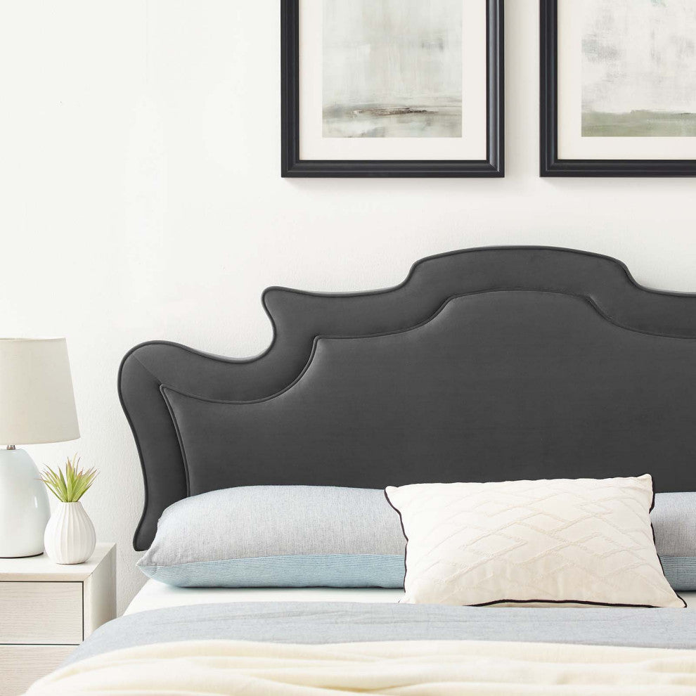Headboard, King California, Charcoal Gray, Velvet, French, Mid Century