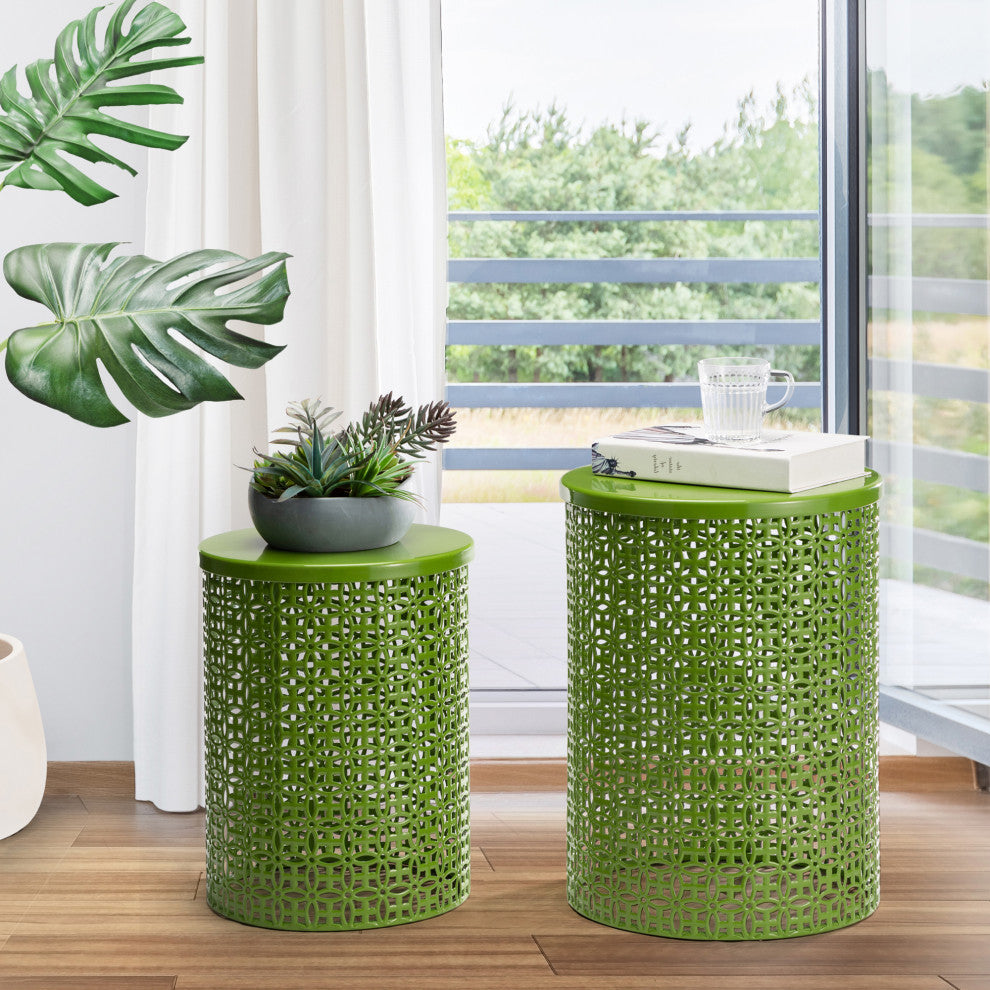 Metal Garden Stool or Plant Stand or Accent Table, Set of 2, Green