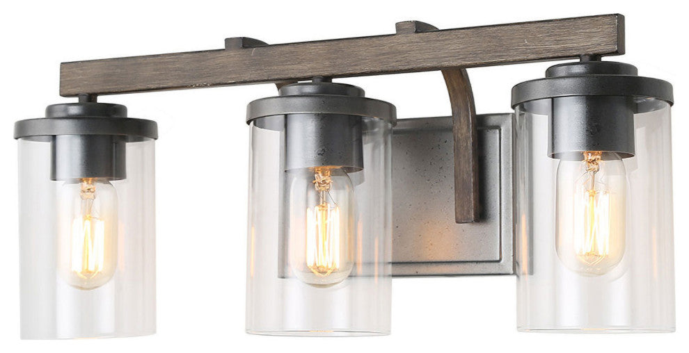 LALUZ 3-Light Black and Wood Gray Industrial Bathroom Vanity Lights
