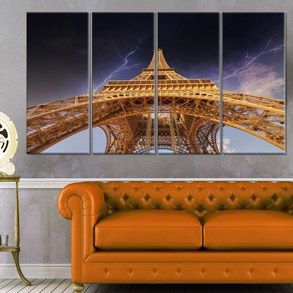 "Storm Above Paris Eiffel Tower in Paris" Cityscape Wall Art, 48"x28", 4-Panels