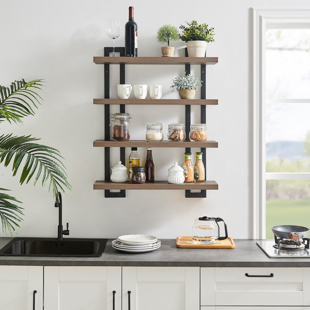 Danya B. 4-Tier Floating Bracket Wall Shelf Metal and MDF Finish, Walnut