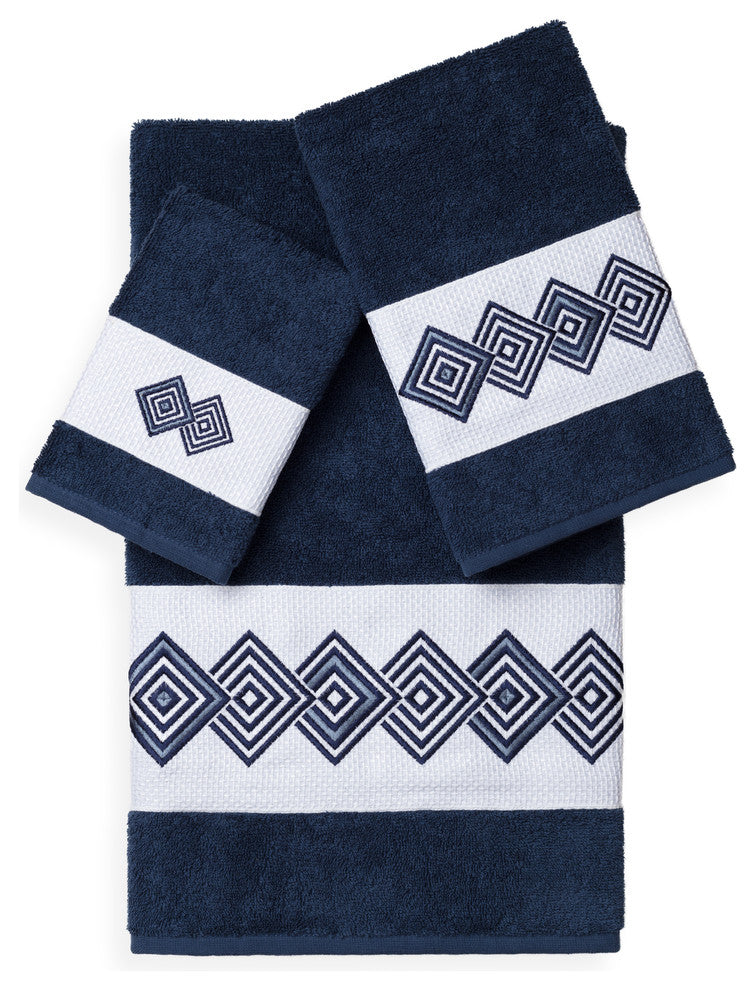 Linum Home Textiles Noah 3-Piece Embellished Towel Set, Midnight Blue