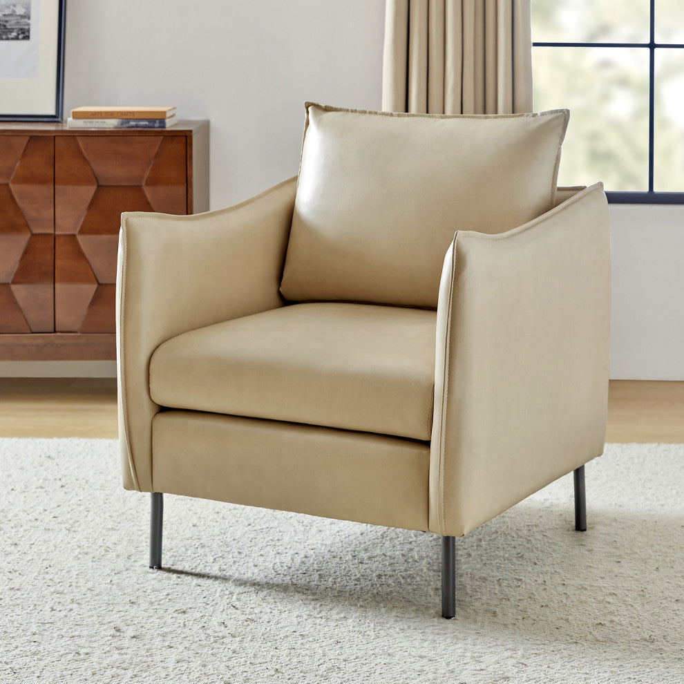 Traditional Leather Armchair With Metal Legs, Beige
