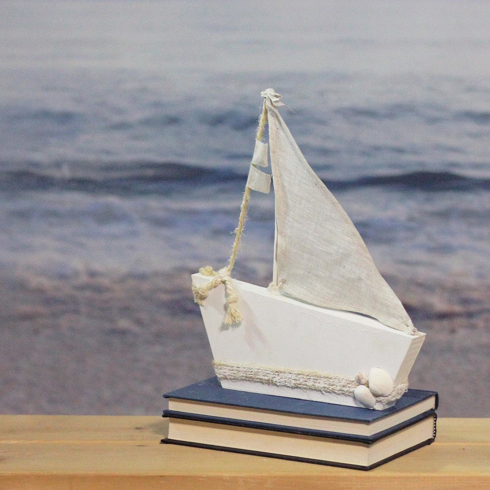 11.5" White and Tan Cape Cod Inspired Ship With Sails Table Top Decoration