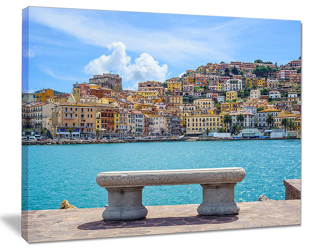 "Seafront Bench in Port Santo Stefano" Seashore Wall Art, 40"x30"