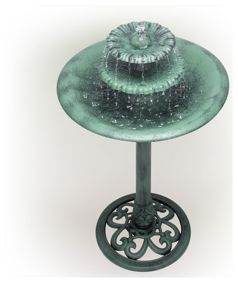 35" Tall Outdoor 3-Tiered Pedestal Water Fountain and Birdbath, Green