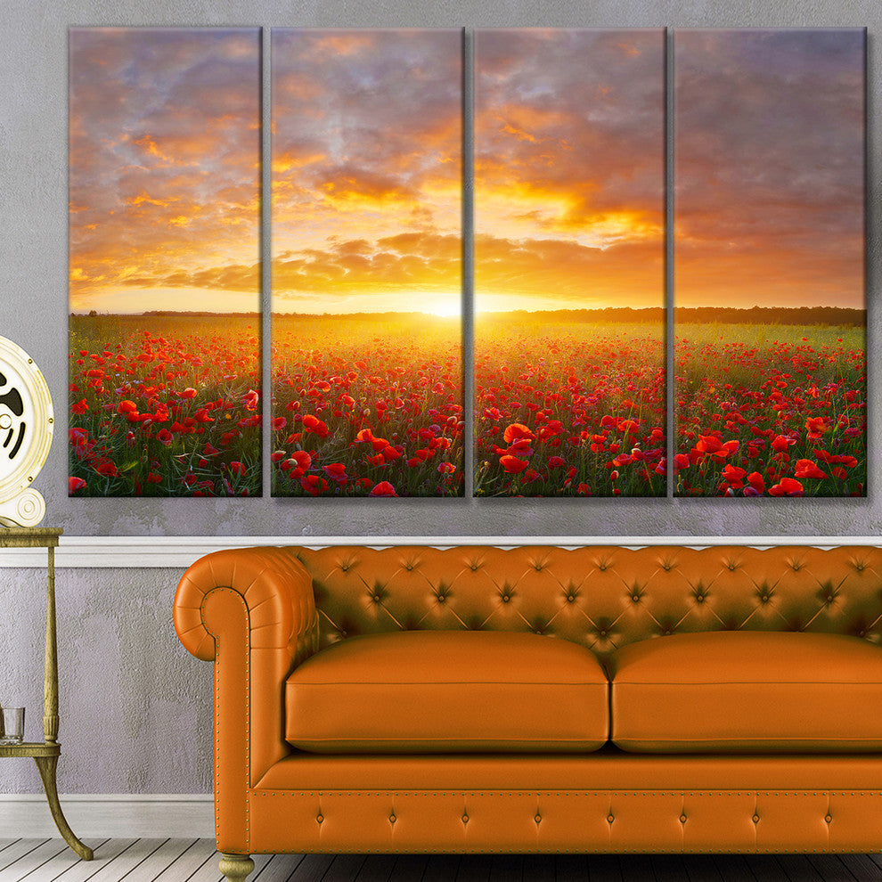 Poppy Field under Bright Sunset, Landscape Canvas Art Print, 48"x28", 4 Panels