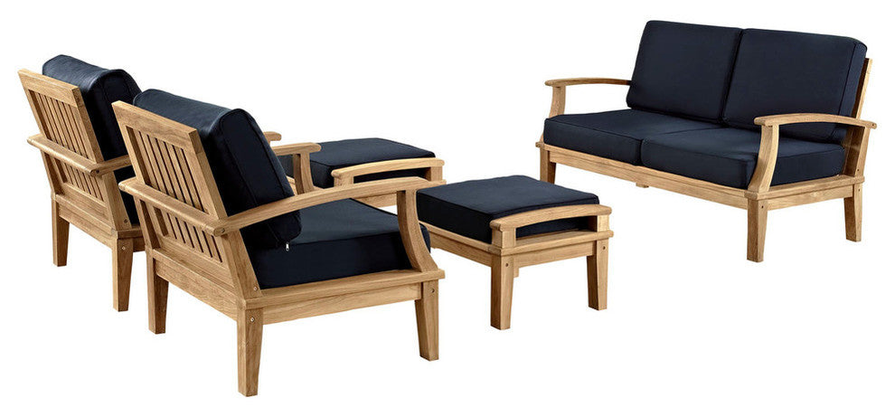 Modern Urban Outdoor Patio Rattan and Wicker 5-Piece SetSofa Set Natural Navy