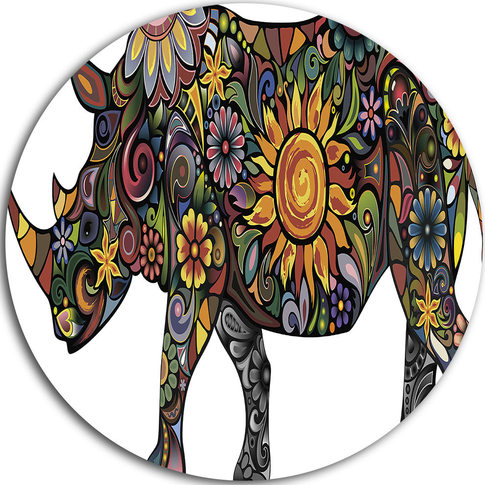 Cheerful Rhinoceros On White, Animal Digital Round Metal Wall Art, 11"