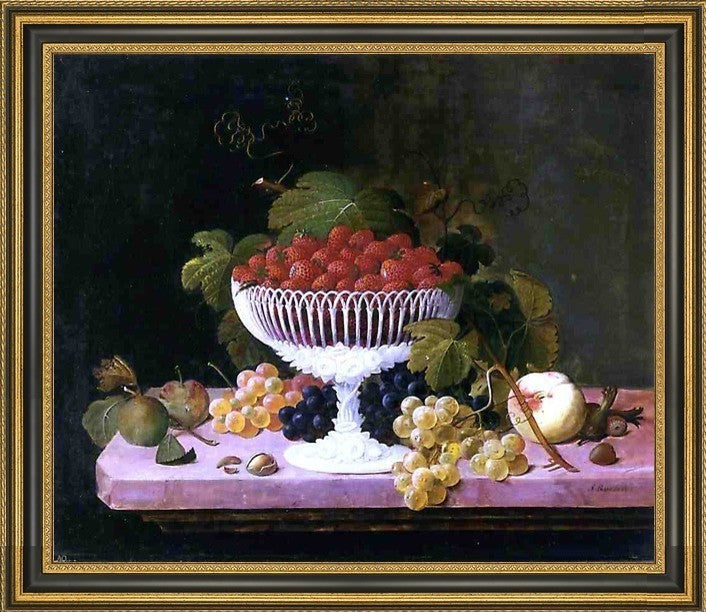 Severin Roesen Strawberries and Porcelain Framed Premium Canvas Print, 16"x20"