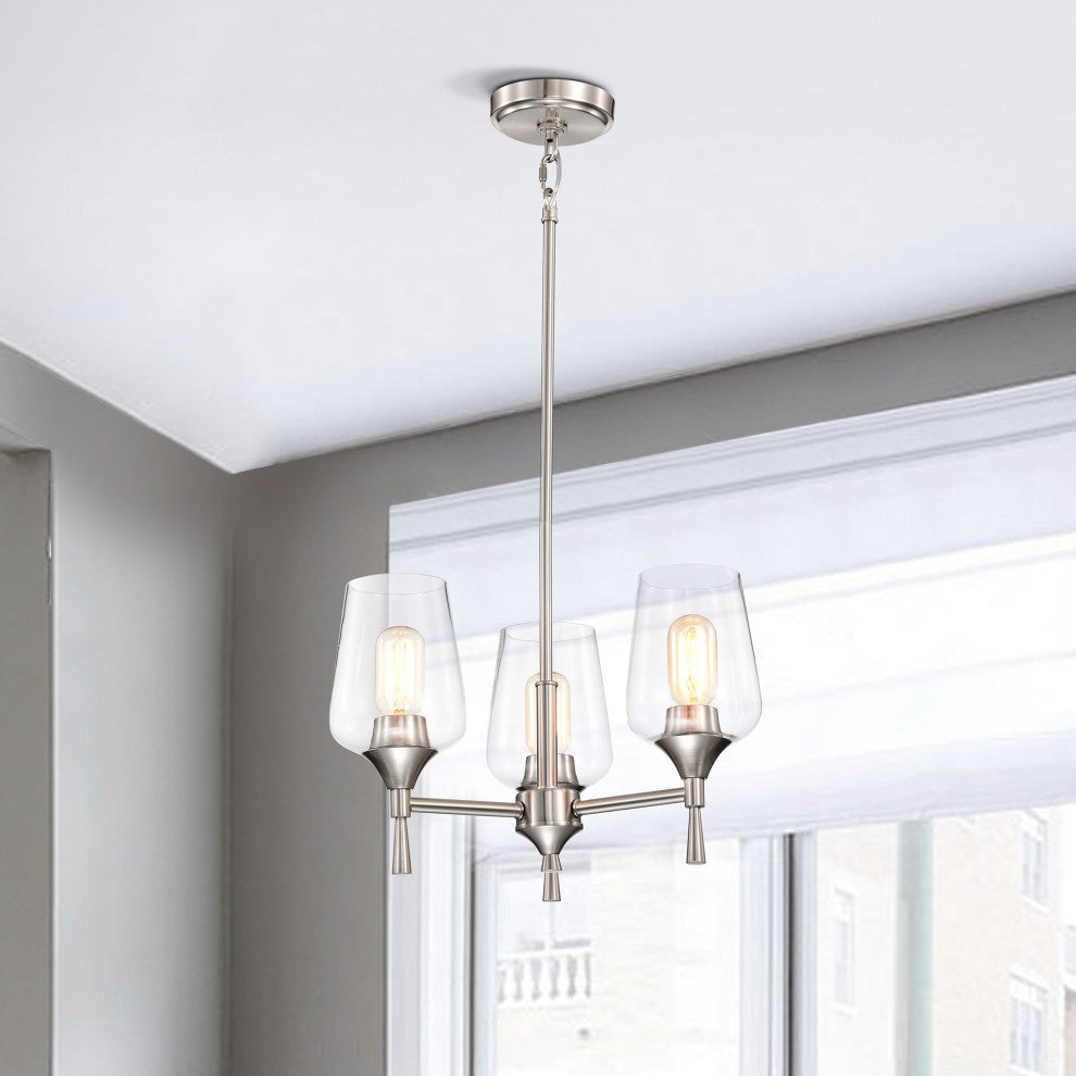 3-Light Brushed Nickel Modern Chandelier With Clear Glass Shades
