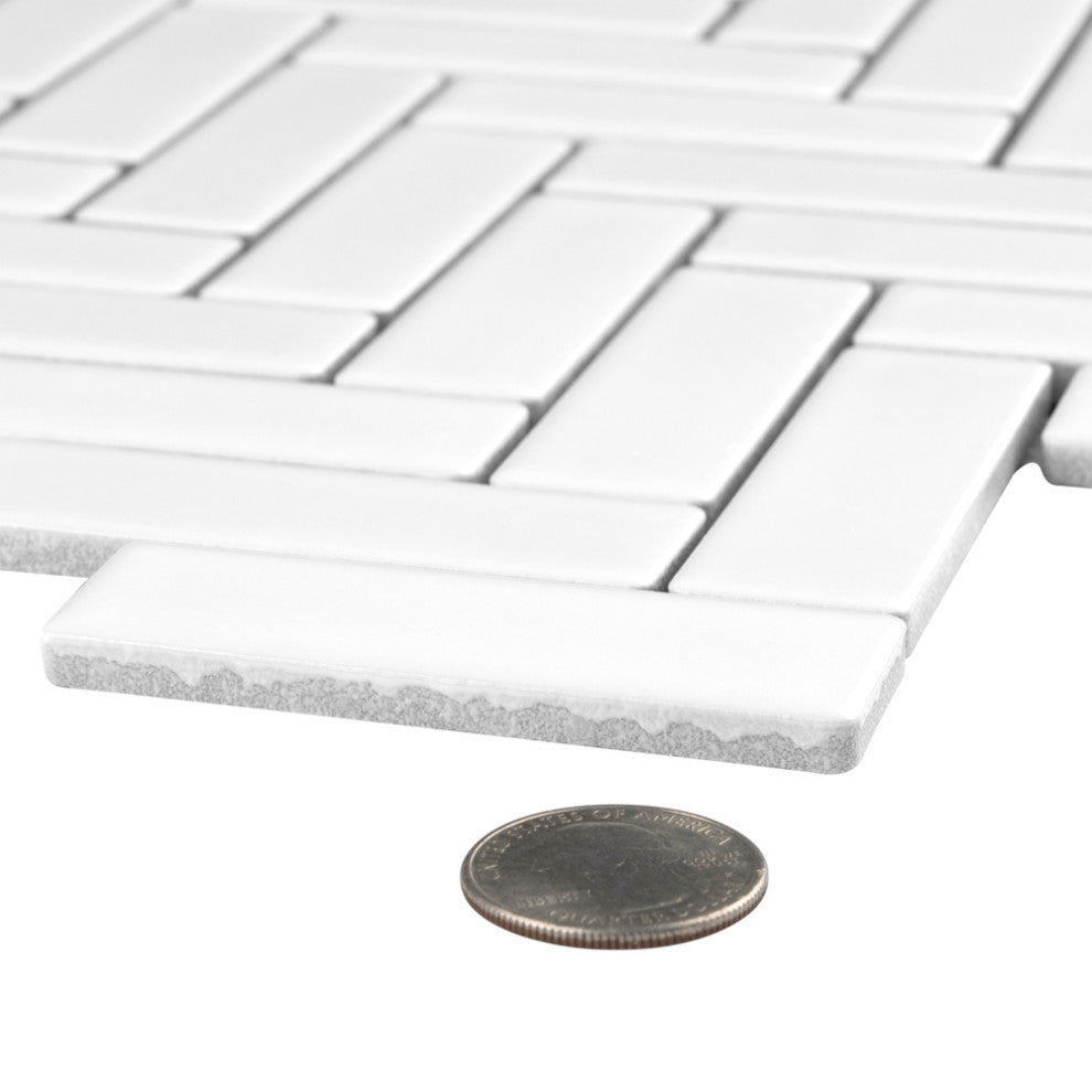 Metro Brick Herringbone Glossy White Porcelain Floor and Wall Tile