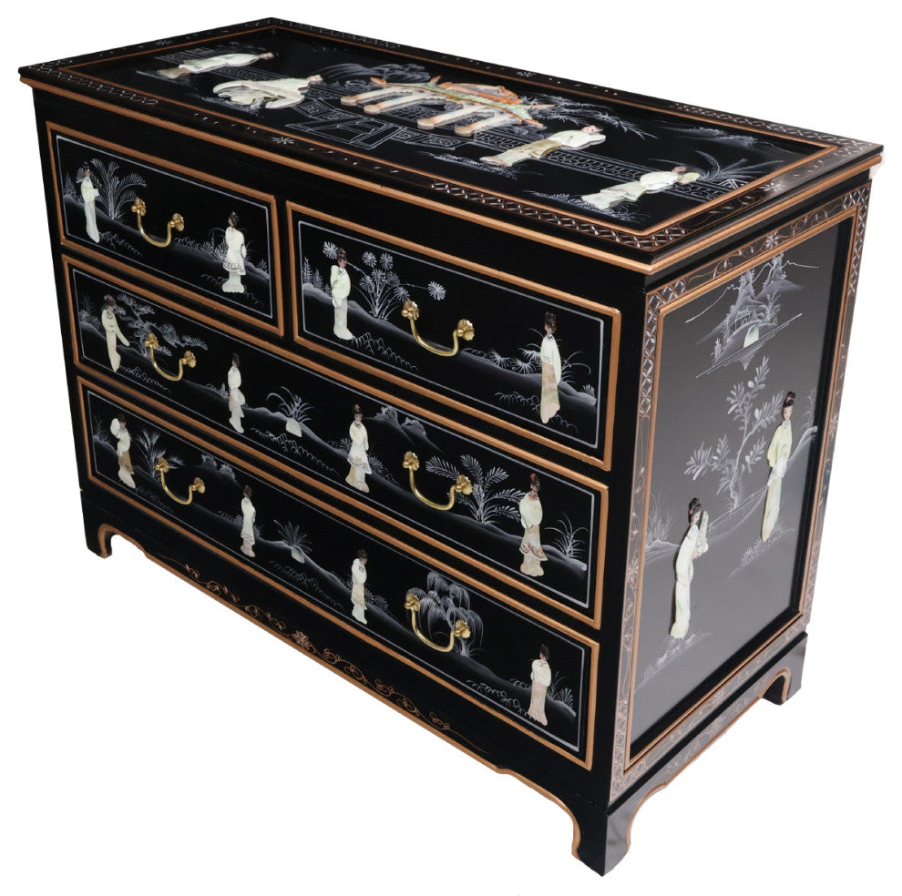 Shiny Black and Pearl Inlaid Oriental Dresser With 4 Drawers