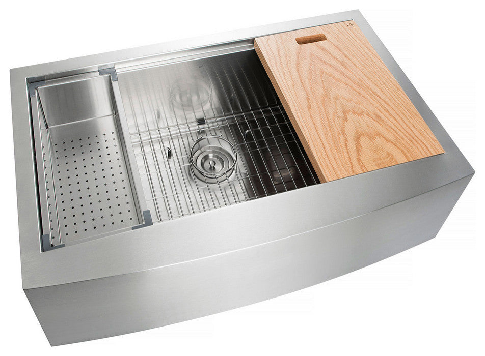 KIBI Farmhouse Apron Single Bowl Stainless Steel Workstation Kitchen Sink, 33"