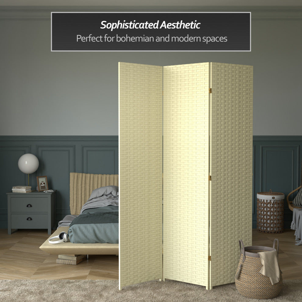 7' Tall Woven Fiber Room Divider, Cream, 3 Panel