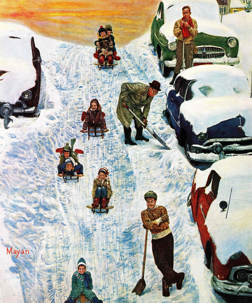 "Sledding and Digging Out" Painting Print on Canvas by Earl Mayan