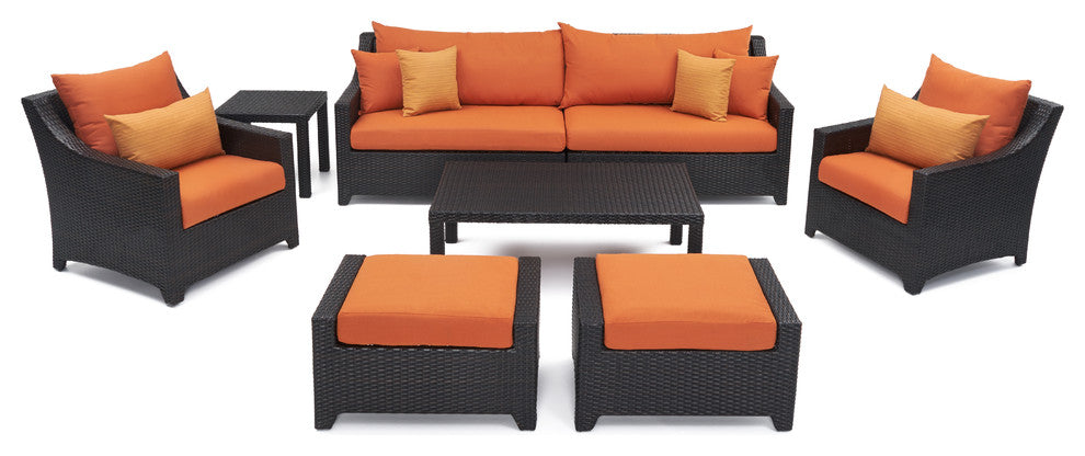Deco 8 Piece Sunbrella Outdoor Patio Sofa and Club Chair Deep Seating Set, Sunset Orange