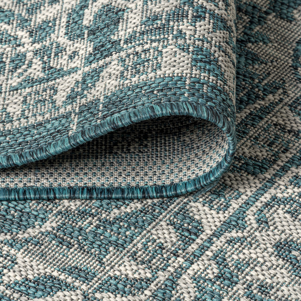 Palazzo Vine and Border Textured Weave Indoor and Outdoor Area Rug, Teal and Gra