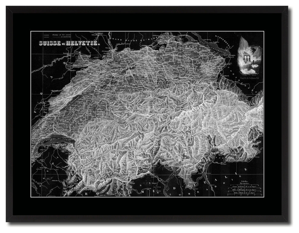 Switzerland Vintage Monochrome Map Canvas, 28"x37"
