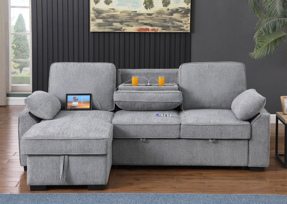 Mackenzie 91" Chenille Reversible Sleeper Sectional, Drop-Down Table, Light Gray
