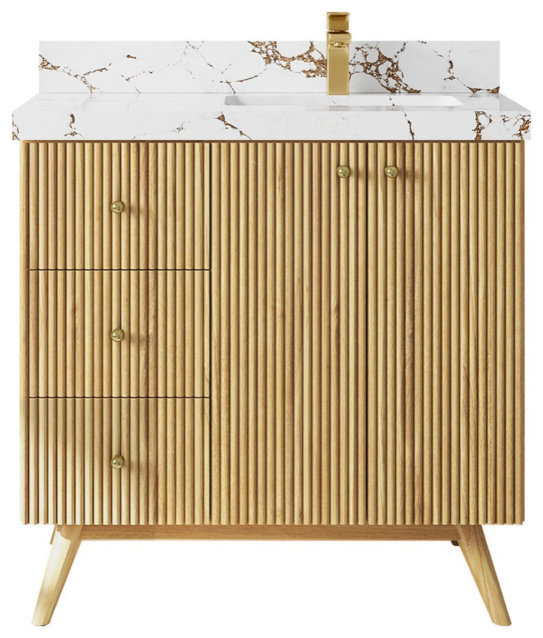 Pasadena 36 Right Offset  Bath Vanity in Light Natural Teak 2" Viola Brown
