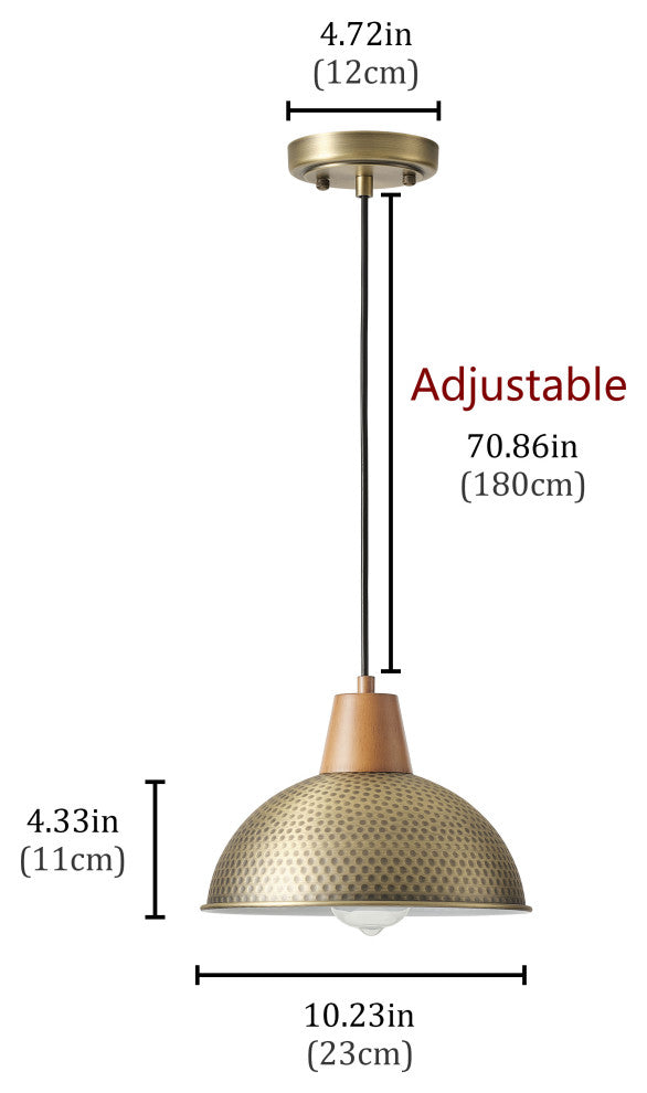 Industrial Farmhouse Pendant Light With Metal Shade and Wood Grain Design, Gold