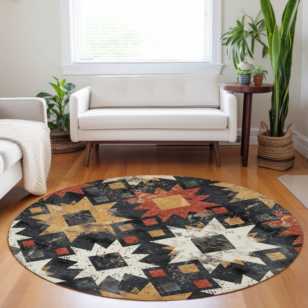 Machine Washable Indoor/Outdoor Chantille ACN1879 Black 8' x 8' Round Rug