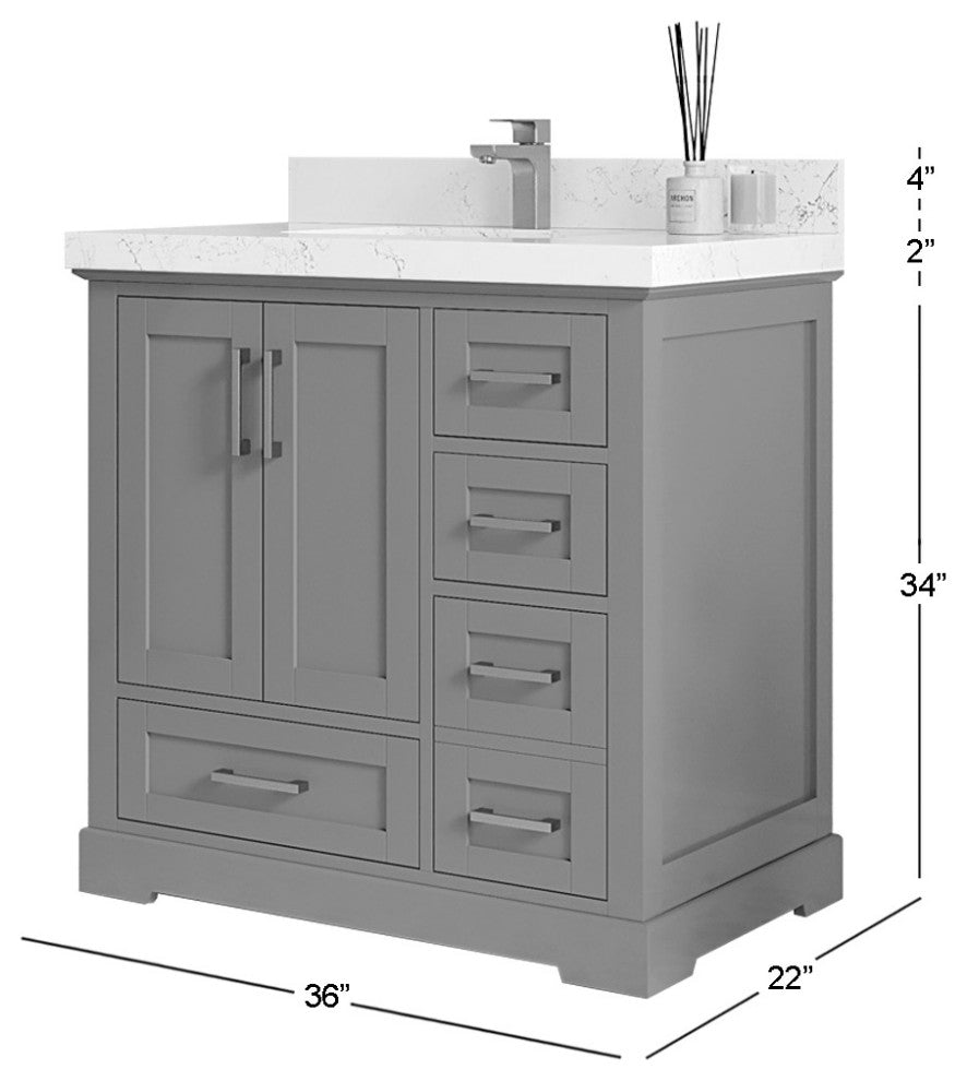 Boston 36" Center Sink Bath Vanity in Fine Grain 2" Calacatta Laza