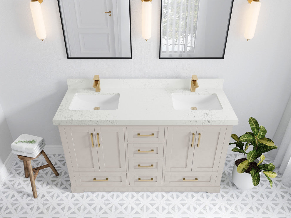 Boston 60" Double Bathroom Vanity in Fine Grain 2" Empira Quartz