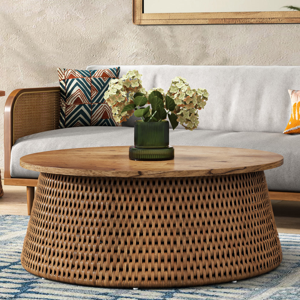 Kamari Rattan Coffee Table/ End Table With Wood Top, Canary Brown Black Washed, Coffee Table