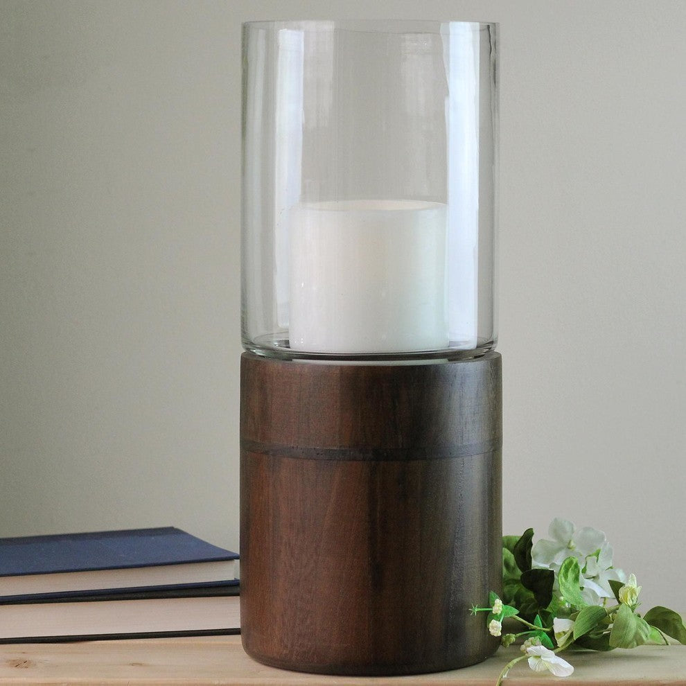 Clear Glass Hurricane Pillar Candle Holder With Wooden Base, 15.25"